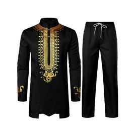 ZEROYAA Men's Africa Suit Long Sleeve Print Dashiki and Pants Outfit Traditional 2 Piece Set Black Bead XX-Large