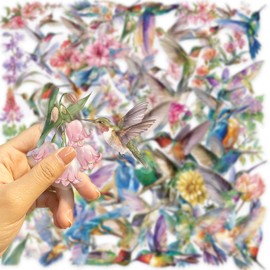 50 Transparent Waterproof Watercolor Hummingbird Sticker - Floral Nature Birds Decals for Scrapbooking, Journals, Laptops