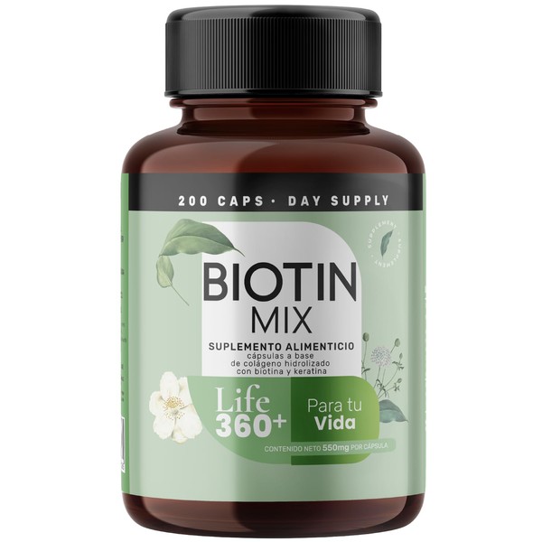 200 Cápsulas Biotina, Keratina, Colágeno para 200 días | LIFE 360+ BIOTIN MIX para Cabello, Piel y Uñas con Biotina, Queratina, Colágeno Hidrolizado