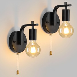 Glighone Vintage Pull Chain Wall Lights Set of Two with Switch Wall Lamp,Black Wall Light E26 Industrial Wall Lighting Hard Wired Retro Wall Lights for Bedroom Living Room Kitchen