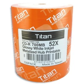 Titan Semi-Glossy 52X 80-Min White Inkjet Hub CD-R's 100-Pak in Shrinkwrap, Titan T5881199