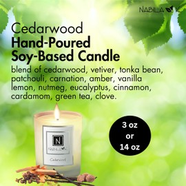 Nabila K - Cedarwood - Soy Candle with Essential Oils - Hand-Poured in USA - Cotton Wick - Aromatherapy - Blend of Cedarwood, Patchouli, Eucalyptus, Vanilla, Lemon, Eucalyptus & More - 3 oz