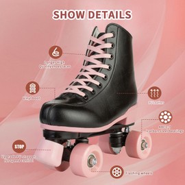 jessie Roller Skates for Girl and Women, PU Leather Flash Kids Roller Skates, Classic Adjustable Four-Wheel Beginner Girl Skates Roller Skates Girls Ages 8-12 for Indoor Outdoor (Flash Wheel 40)