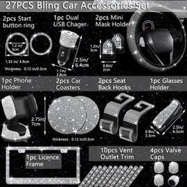 NBTEPEM 27 PCs Bling Car Accessories Set for Women, Steering Wheel Covers Universal Fit 15 Inch, License Plate Frame, Phone Holder, Bling Car Coasters (Silver Diamond)