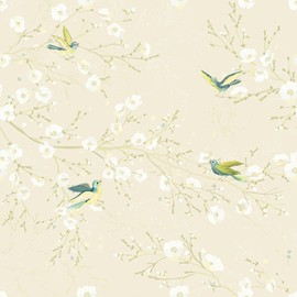 VEELIKE Cream Bird Wallpaper Stick and Peel Vintage Chinoiserie Wallpaper Prepasted Removable Floral Wallpaper for Bedroom Bathroom 17.7''x118'' Self Adhesive Beige Contact Paper for Cabinets Drawers