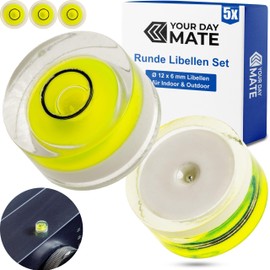 Round spirit level set, 5 pieces, with diameter 12 mm diameter, spirit level without labelling, dragonfly water scale, circle levelling, can level for caravan, camera, DIY, spirit level bullseye