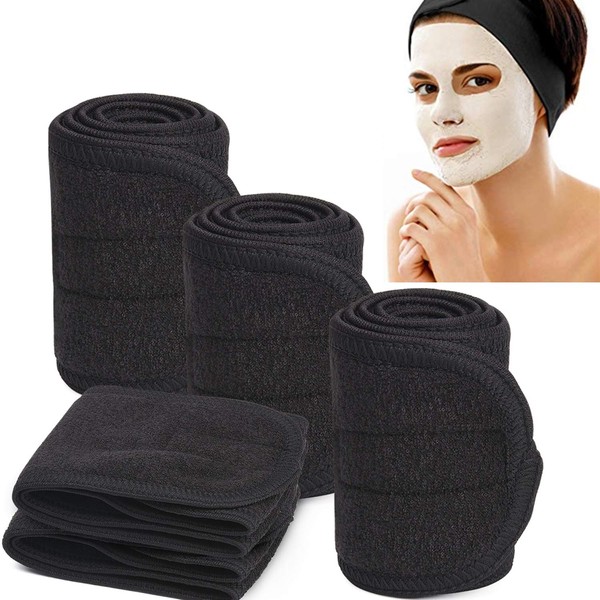 Black Spa Headband, Soft Terry Cloth Headbands Wide Elastic Towel Sports Head Wrap for Men, Nonslip Stretch Women Facial Headband Scarf for Yoga Makeup Bath Shower - 5PCS