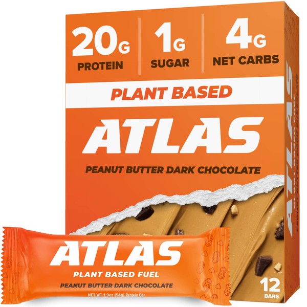 Atlas Protein Bar, 20g Plant Protein, 1g Sugar, Clean Ingredients, Gluten Free Peanut Butter Dark Chocolate, 12 Count (Pack of 1))