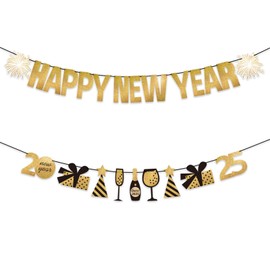 Happy New Year Banner 2025 New Years Eve Party Decoration,Golden Firework Theme Happy New Year Banner Bunting Sign Champagne Glass Hanging Decoration for 2025 New Years Party Supplies