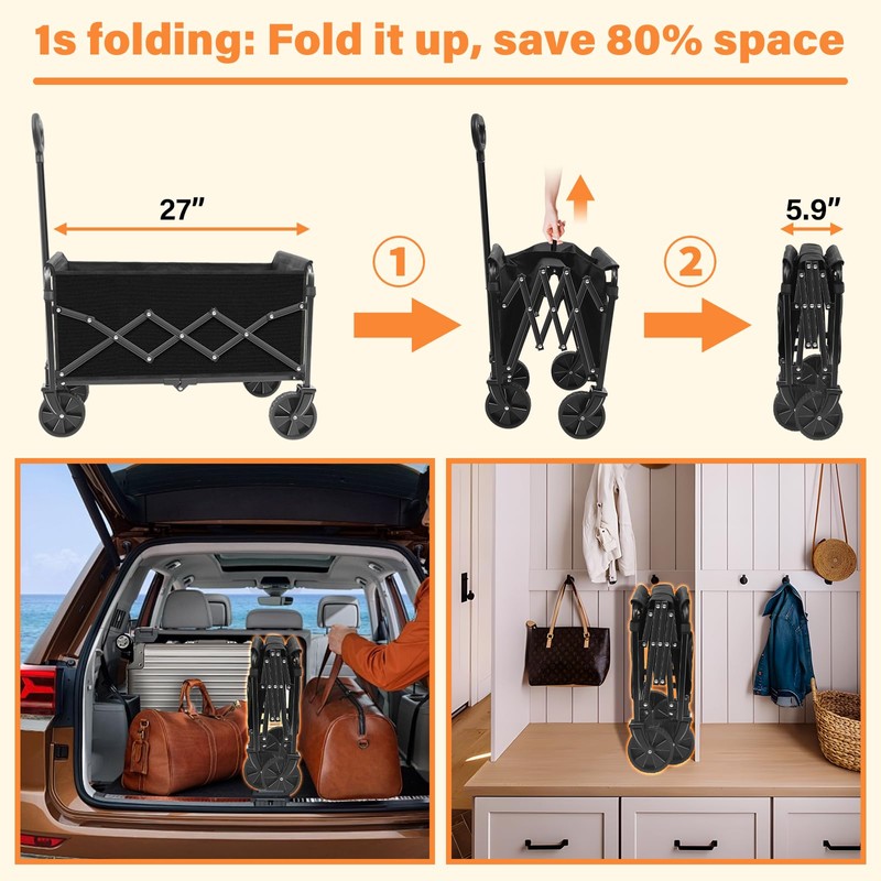 Wagons Carts Foldable,360lbs Collapsible Wagon with Wheels, Lightweight Foldable Wagon