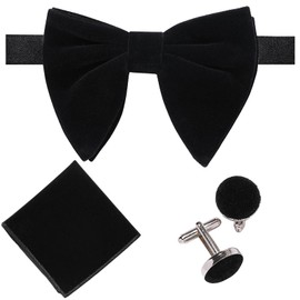 AUSKY Men Pre-Tied Oversized Velvet Bow Tie Pocket Square Cufflinks Set (black)