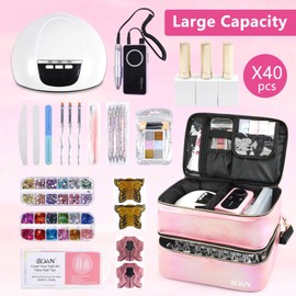 BQAN Nail Polish Organizer Case, Holds 40 Bottles (15ml/0.5 fl.oz) & Nail Lamp, Double Storage Bags, with Adjustable Dividers for Nail Supplies, (Pink-2)