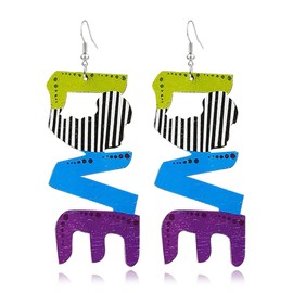 Light Weight Ethnic Natural Wooden Letter LOVE Drop Earring Vintage African Map Colorful Letter Love Print Wood Earring for Women (Green Blue Purple Wood LOVE Earring)
