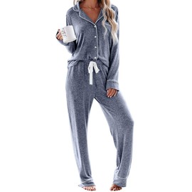 Aamikast Women's Two-piece Classic knit Pajama Sets Long Sleeve Button Down Sleepwear (L, Lake Blue)