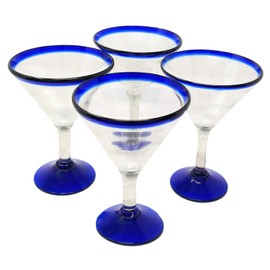 Mexican Hand Blown Glass – Set of 4 Hand Blown Modern Margarita Glasses - Blue Rim (12 oz)