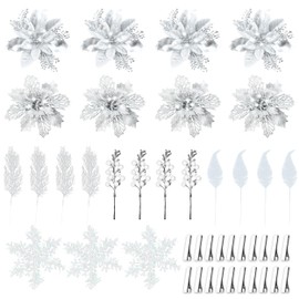 Embravfire Silver Christmas Artificial Poinsettia with Silver Poinsettia, Glitter Leaves, White Berry Stems, Glitter Feathers, Poinsettia Xmas Tree Decoration for Wreath Garland Wedding Decor