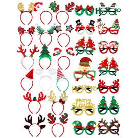 Yunsailing 32 Pcs Christmas Headbands and Glasses Frames Christmas Party Supplie with 32 Cute Designs Santa Hat Snowman Reindeer Antler Bow Elf Hat for Boys Girls Adults Women Party Favor Photo Booth