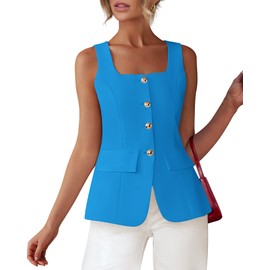 BTFBM Womens Sleeveless Suit Vests Dressy Casual Square Neck Business Work Waistcoat Summer Button Up Blazer Vest Tops(Blue, Large)