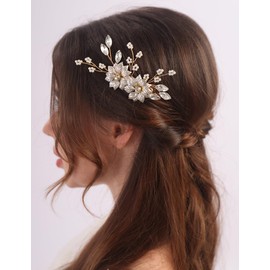 BERYUAN Gold Leaves Flower Pearls Hair Clips Gold Wedding Hair Clips Wedding Bridal Hair Clips Pearls Rhinestone Bridal Hairpiece for Brides Bridesmaid Girls