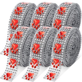 Yinkin 6 Rolls Paw Print Rhinestone Bling Roll 5 Yard Homecoming Mum Ribbons Glitter Crystal Diamond Rhinestone Ribbons Trim(Red)