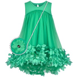 Sunny Fashion Girls Dress Green 3D Flowers Sleeveless Waist Free Purse Size 8 Years