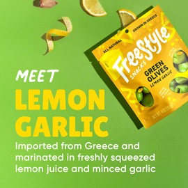 Freestyle Snacks Olive Snack Packs - Fresh Pitted Green Olives, Jumbo-Sized, Grown in Greece, All Natural, Non-GMO, Paleo, Sugar-Free, Keto Snacks, Low Calorie Snacks - Lemon Garlic, 4oz (6 Pack)