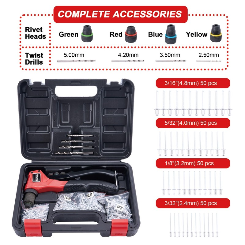 KOOPOOL Rivet Gun Kit, Manual Pop Rivet Tool with 200