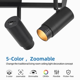 AIBISOD Zoomable LED Track Lighting Kit, 4-Light Dimmable 5-Color Ceiling SpotLights Indoor, 15°-60° Black Modern Track Light Fixture Ceiling with Flexibly Rotatable Lights Head for Kitchen Bedroom