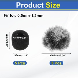 MECCANIXITY Microphone Cover Mini Furry Windscreen Foam Mic Sponge 8mm with White Black Cap for 0.5 to 1.2mm Microphone 1 Set
