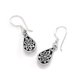 925 Oxidized Sterling Silver Flora Design Open Filigree Teardrop Dangle Hook Earrings