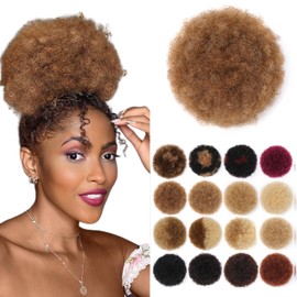 Fullart Afro Puff Extension for Black Women #4 Medium Brown Super Soft Shiny Bouncy Hair Extensions Clip On Kinky Curly Ponytail Bun