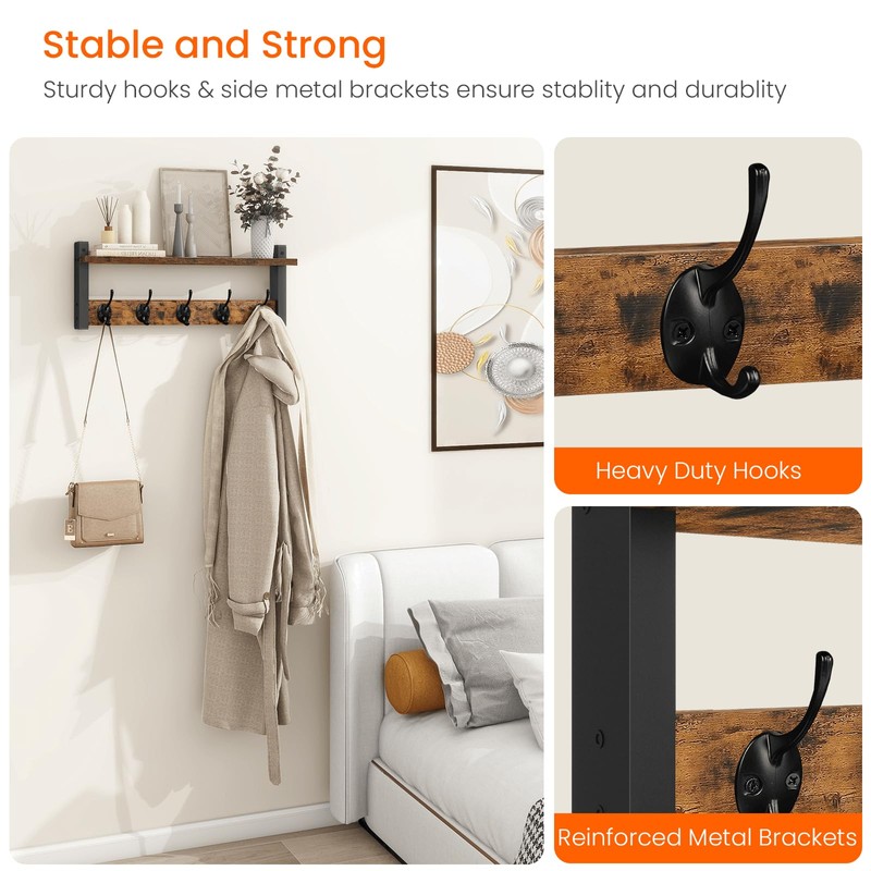 Homode Wall Hooks with Shelf, Wood Coat Rack with Shelf