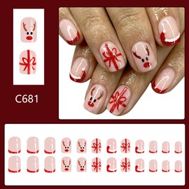CEWEWP Short Christmas Press on Nails Red French Fake Nails Square Shape False Nail Tips with Elk and Bow Knot Designs Cute Santa Hat French Tip Press on Nails for Women Christmas Decorations 24pcs