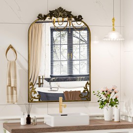 Koonmi Vintage Mirror, 24x36 Antique Barolon Mirror for Wall, Bronze Frame with Ornate Patterns, Detachable Flower Head, Shatter-Proof Tempered Glass Arched Decorative Mirrors for Bathroom