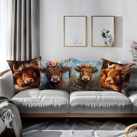 LANBEIDE Cushion Cover, Set of 4 Highland Cow Decoration Scottish Present for Women Animal Flower Pillow Cover Outdoor Throw Pillow Case Decor Home Livingroom Sofa Couch 18'x18'(45x45cm)