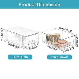 Vtopmart 4 Pack Stackable Storage Drawers,Clear Acrylic Drawer Organizers with Handles, Easily Assemble for Fridge, Bathroom,Kitchen Undersink,Cabinet,Pantry Organization and Storage