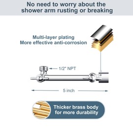 BRIGHT SHOWERS Brass Shower Arm Extender for Rain and Handheld Shower Head, 5 Inch Universal Shower Head Extension Arm, Height & Angle Adjustable, Chrome