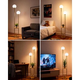 Lightdot 63IN Gold Floor Lamp with Table, 2 Globe Mid Century Standing Lamps with Warm White LED Bulbs, Unique U-Pole Vintage Tall Floor Lamp for Living Room/Wedding/Party/Sofa Beside/Corner Decor