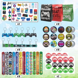 Mooshy Pack of 62 Video Game Party Favours Children's Birthday Boy with Slap Bracelets Video Game Key Ring and Tattoo Stickers Lapel Pins Party Accessories Video Game Guest Gift for Children