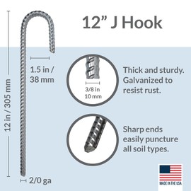 Pinnacle Mercantile 60 Pack Anti Rust Rebar Stakes J Hook Heavy Duty Galvanized Steel Ground Anchors 12 inch Long 3/8 inch Round Chisel Point End Made USA