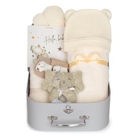 Elephany Baby Shower Gifts – Gender-Neutral Baby Gift Basket for Newborn Girls and Boys – Newborn Baby Essentials Gift Basket with Blanket, Towel, Rattle Toy, Socks – Cute Newborn Baby Gifts