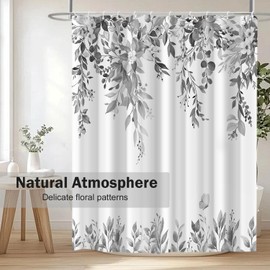 CTOTSYC Eucalyptus Shower Curtains for Bathroom, Grey Watercolor Leaves with Floral Shower Curtain Sets with Hooks, Waterproof Fabric Botanical Bathroom Decor, 72x72 Inches