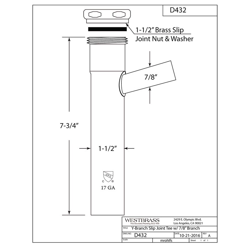 Westbrass Slip-Joint Wye with 7/8 in. Branch Unfinished Brass 1-1/2