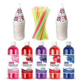 Concession Essentials – Ultimate Snow Cone Kit – Includes 5 Premium 16oz Syrups (Cherry, Blue Raspberry, Grape, Cotton Candy & Tiger Blood), 50ct Neon Spoon Straws & 50ct 6oz Snow Cone Cups