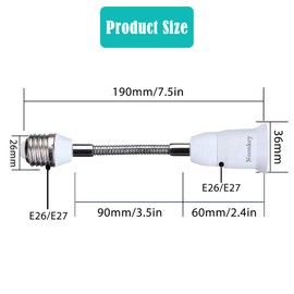 Noonkey Light Socket Extender [2-Pack], 360 Degree Adjustable Flexing Neck, 19 CM/7.5 Inch Extension Adapter, Compatible with All E26/E27 of Bulbs Screw Base, PBT Fireproof Material, White