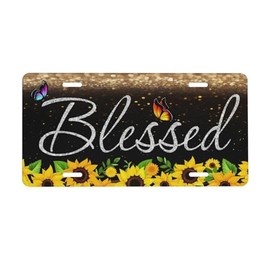 Blessed Glitter Sunflowers Butterfly Aluminum License Plates Metal Car Plate Decorative Car Front License Plate Cover Novelty Vanity Tag Cars Decor Accessory 6 x 12 Inch (4 Holes)