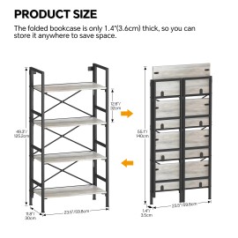 Wood Folding Bookshelf 5-Tier Foldable Shelf with X-Bracket Design Adjustable Feet Space-Saving Storage for Living Roomcolor: Grey, capacity: >501ml, size: 59.8*30*125.2cm