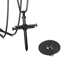 NYTKL 2 PCS Nail Cross Pendant for Men, Auto Rear View Mirror Cross Charm Pendant with 24 Inch Chain, Stainless Steel 3 Nail Necklace Vehicle Hanging Decoration, Car Accessories (Black)