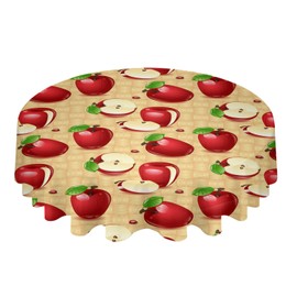 Round Tablecloth-60inch,Countryside Red Apples Green Leaf Table Cloth Waterproof Oil-Proof Tablecloths Washable Tablecover for Kitchen Dining Buffet Tabletop Farm Fruit Harvest Yellow Woven Cloth