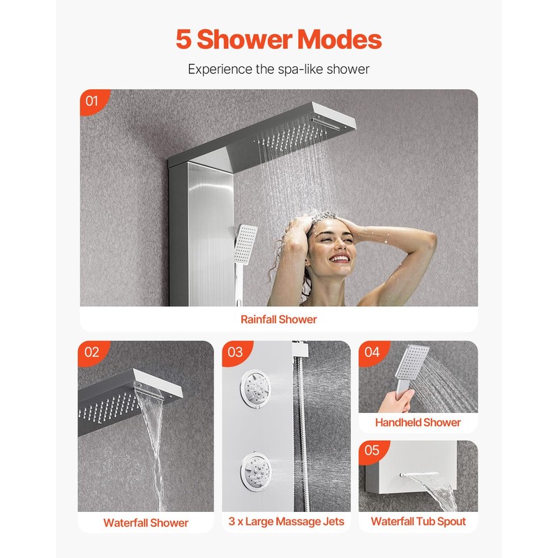 VEVOR Shower Panel Tower System with Rainfall Waterfall Shower Head,